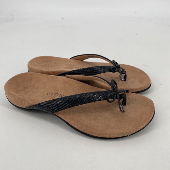 Vionic Sandals Women’s 7.5 wide black leather flip flop bow comfort walking - Picture 2 of 6